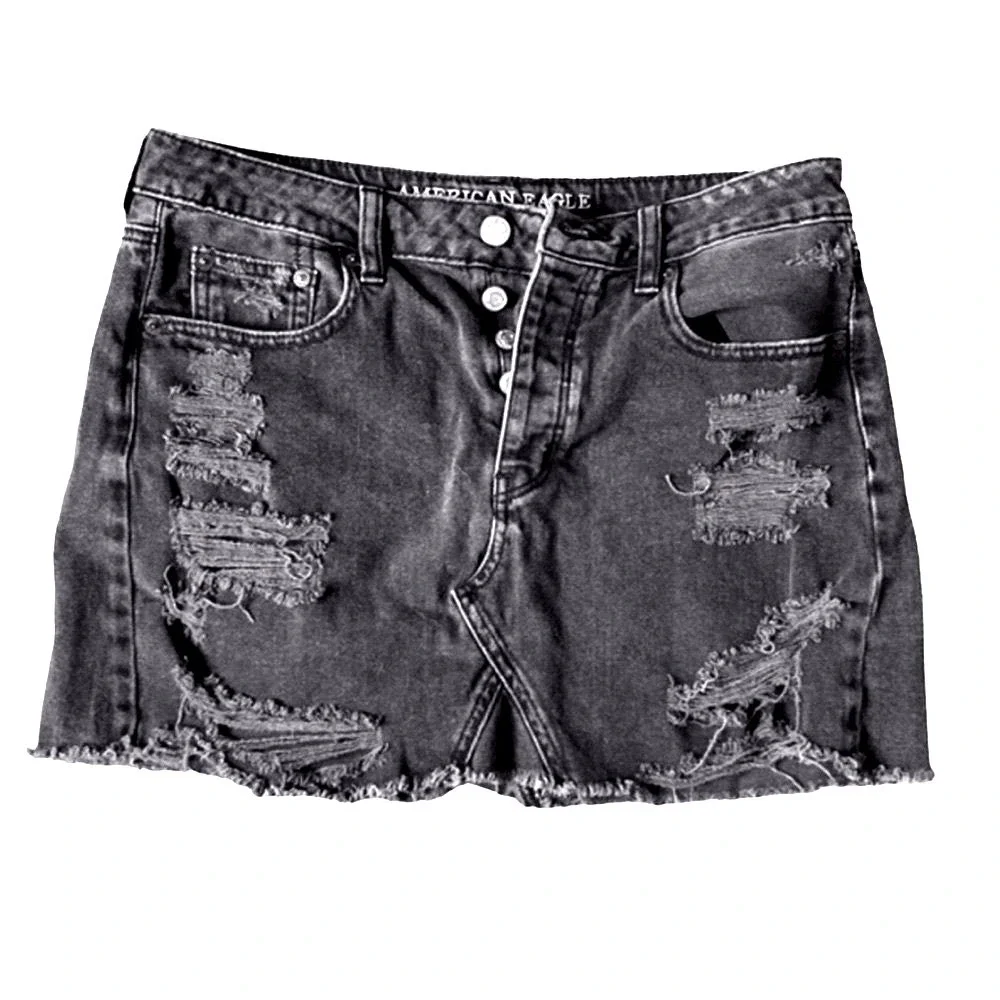 American Eagle Black Denim Mini Skirt distressed destroyed Button Fly‎ Size 8